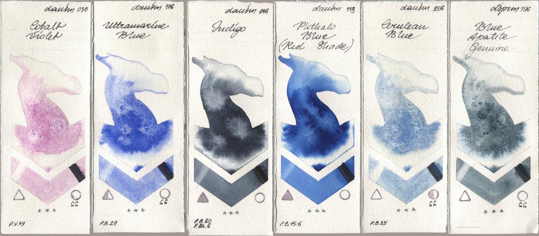 Daniel Smith 030 Cobalt Violet, 106 Ultramarine Blue, 046 Indigo, 119 Phthalo Blue (Red Shade), 206 Cerulean Blue, 196 Blue Apatite Genui watercolor swatch