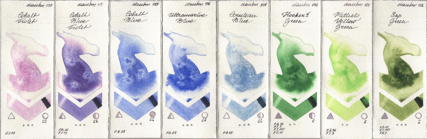 Daniel Smith 030 Cobalt Violet, 115 Cobalt Blue Violet, 025 Cobalt Blue, 106 Ultramarine Blue, 206 Cerulean Blue, 042 Hookers Green, 124 Phthalo Yellow Green, 102 Sap Gre watercolor swatch