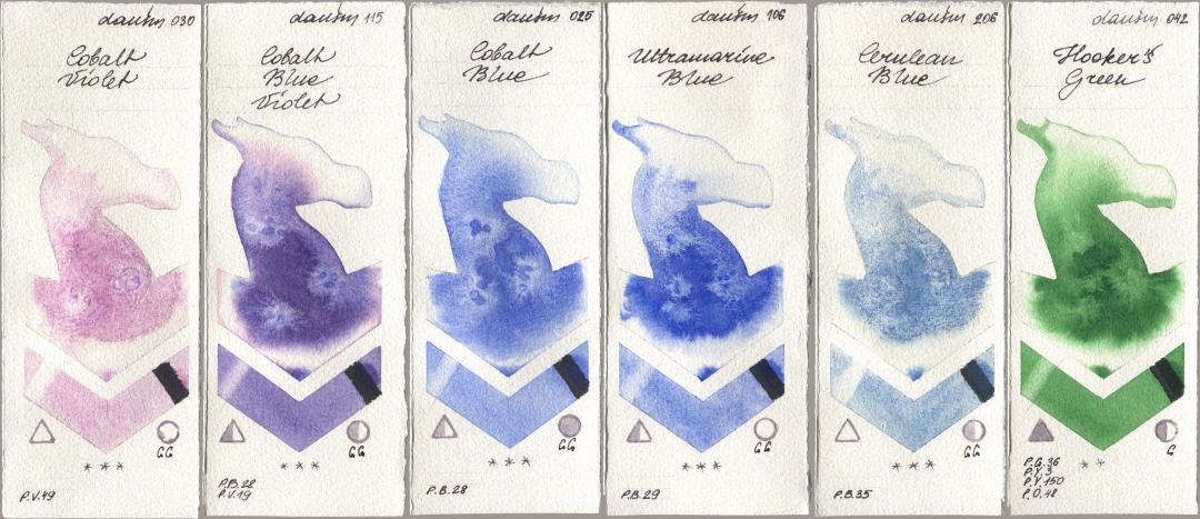 Daniel Smith 030 Cobalt Violet, 115 Cobalt Blue Violet, 025 Cobalt Blue, 106 Ultramarine Blue, 206 Cerulean Blue, 042 Hookers Gre watercolor swatch