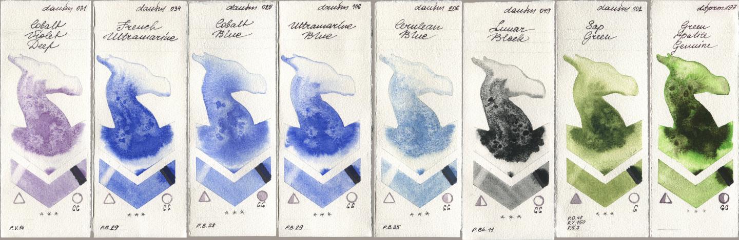 Daniel Smith 031 Cobalt Violet Deep, 034 French Ultramarine, 025 Cobalt Blue, 106 Ultramarine Blue, 206 Cerulean Blue, 049 Lunar Black, 102 Sap Green, 197 Green Apatite Genui watercolor swatch