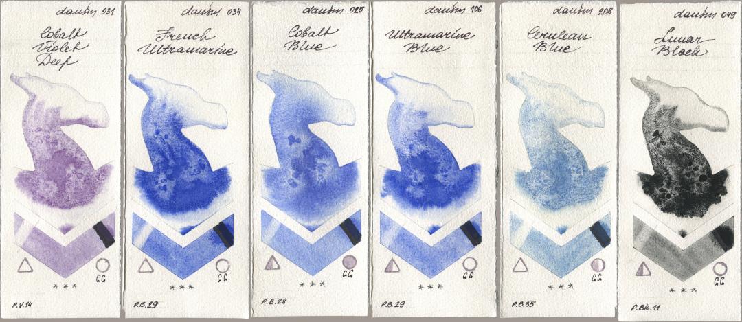 Daniel Smith 031 Cobalt Violet Deep, 034 French Ultramarine, 025 Cobalt Blue, 106 Ultramarine Blue, 206 Cerulean Blue, 049 Lunar Bla watercolor swatch