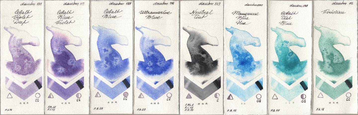 Daniel Smith 031 Cobalt Violet Deep, 115 Cobalt Blue Violet, 025 Cobalt Blue, 106 Ultramarine Blue, 229 Neutral Tint, 051 Manganese Blue Hue, 028 Cobalt Teal Blue, 112 Viridi watercolor swatch