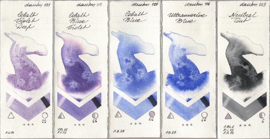 Daniel Smith 031 Cobalt Violet Deep, 115 Cobalt Blue Violet, 025 Cobalt Blue, 106 Ultramarine Blue, 229 Neutral Ti watercolor swatch