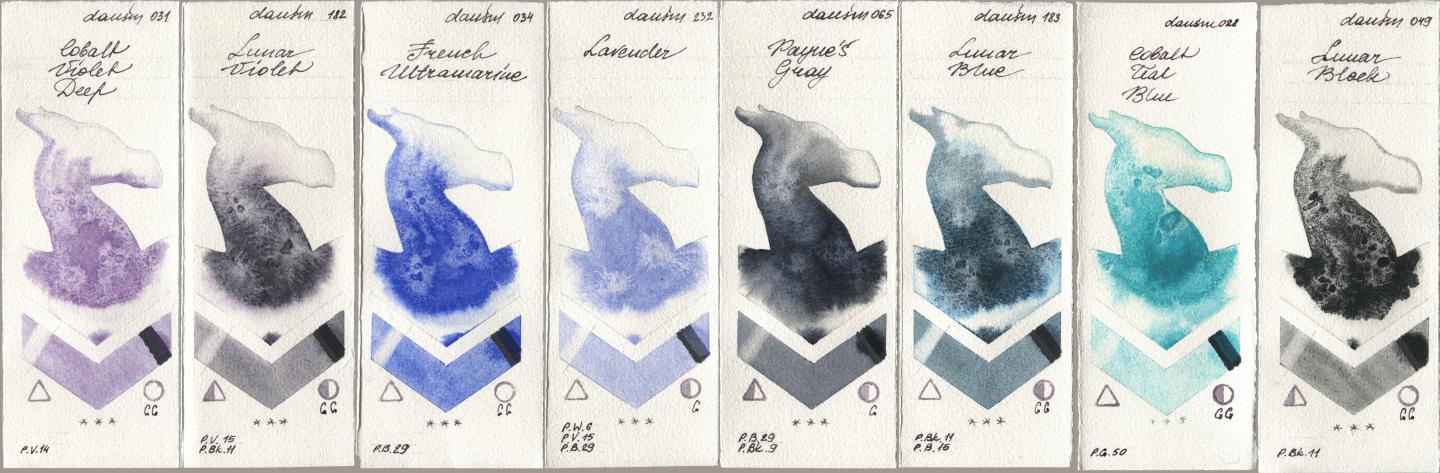 Daniel Smith 031 Cobalt Violet Deep, 182 Lunar Violet, 034 French Ultramarine, 232 Lavender, 065 Paynes Gray, 183 Lunar Blue, 028 Cobalt Teal Blue, 049 Lunar Bla watercolor swatch