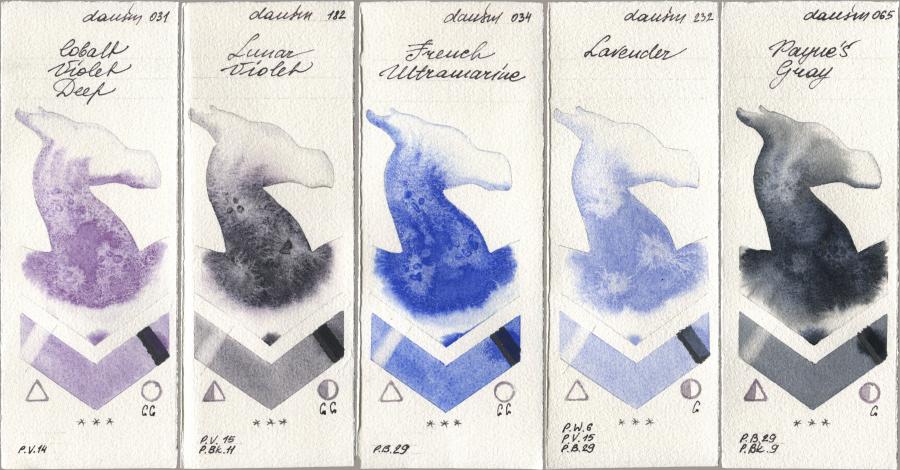 Daniel Smith 031 Cobalt Violet Deep, 182 Lunar Violet, 034 French Ultramarine, 232 Lavender, 065 Paynes Gr watercolor swatch