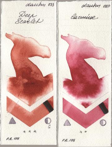 Daniel Smith 033 Deep Scarlet, 020 Carmi watercolor swatch