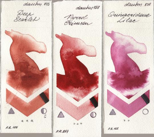 Daniel Smith 033 Deep Scarlet, 127 Pyrrol Crimson, 236 Quinacridone Lil watercolor swatch