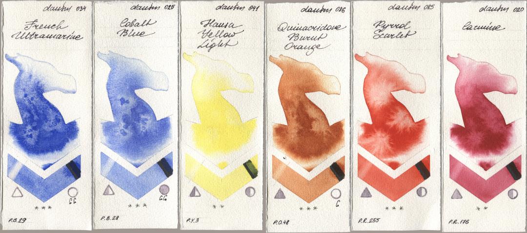 Daniel Smith 034 French Ultramarine, 025 Cobalt Blue, 041 Hansa Yellow Light, 086 Quinacridone Burnt Orange, 085 Pyrrol Scarlet, 020 Carmi watercolor swatch