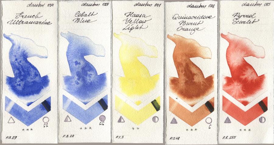 Daniel Smith 034 French Ultramarine, 025 Cobalt Blue, 041 Hansa Yellow Light, 086 Quinacridone Burnt Orange, 085 Pyrrol Scarl watercolor swatch