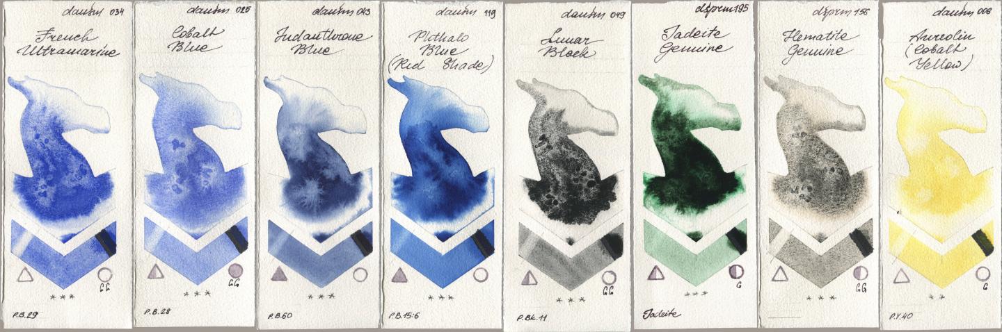 Daniel Smith 034 French Ultramarine, 025 Cobalt Blue, 043 Indanthrone Blue, 119 Phthalo Blue (Red Shade), 049 Lunar Black, 195 Jadeite Genuine, 156 Hematite Genuine, 006 Aureolin (Cobalt Yello watercolor swatch