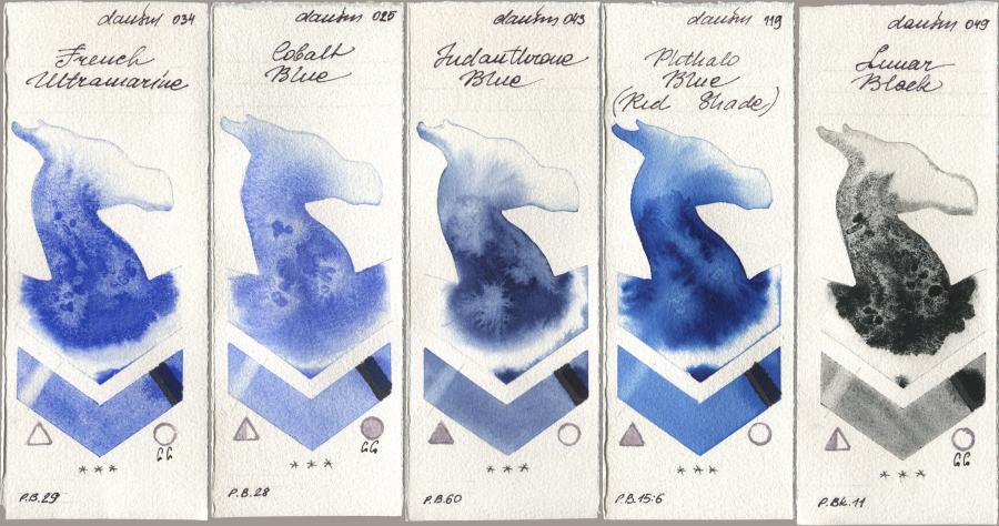Daniel Smith 034 French Ultramarine, 025 Cobalt Blue, 043 Indanthrone Blue, 119 Phthalo Blue (Red Shade), 049 Lunar Bla watercolor swatch