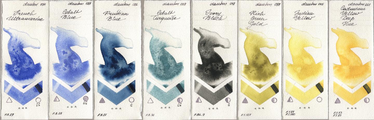 Daniel Smith 034 French Ultramarine, 025 Cobalt Blue, 082 Prussian Blue, 029 Cobalt Turquoise, 048 Ivory Black, 099 Rich Green Gold, 045 Indian Yellow, 221 Cadmium Yellow Deep H watercolor swatch