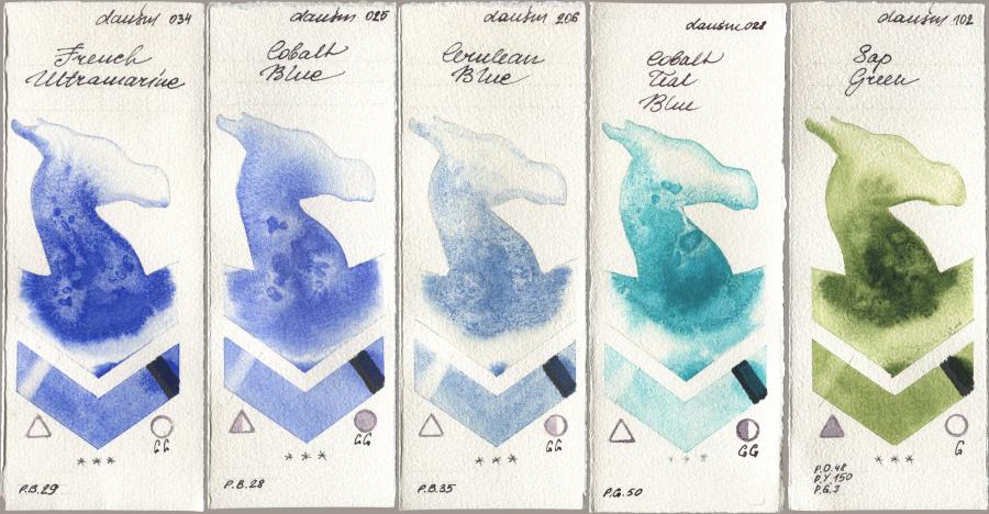 Daniel Smith 034 French Ultramarine, 025 Cobalt Blue, 206 Cerulean Blue, 028 Cobalt Teal Blue, 102 Sap Gre watercolor swatch