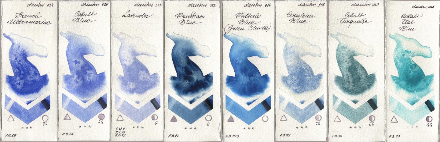 Daniel Smith 034 French Ultramarine, 025 Cobalt Blue, 232 Lavender, 082 Prussian Blue, 077 Phthalo Blue (Green Shade), 206 Cerulean Blue, 029 Cobalt Turquoise, 028 Cobalt Teal Bl watercolor swatch
