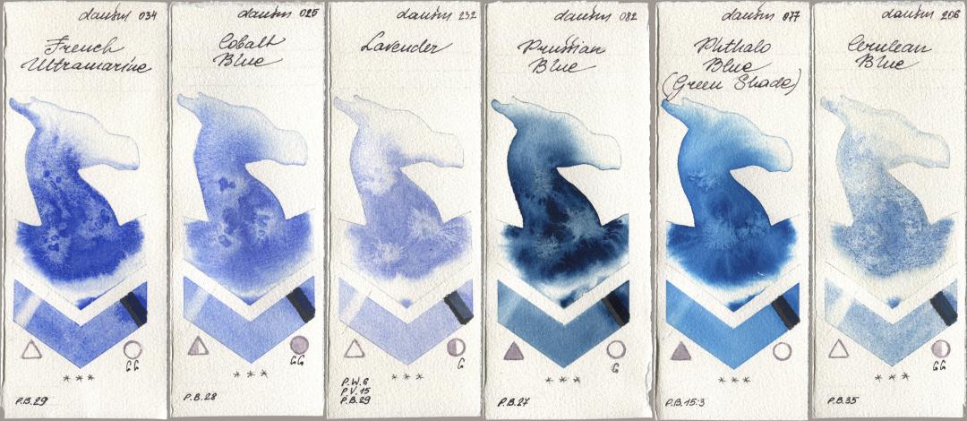 Daniel Smith 034 French Ultramarine, 025 Cobalt Blue, 232 Lavender, 082 Prussian Blue, 077 Phthalo Blue (Green Shade), 206 Cerulean Bl watercolor swatch