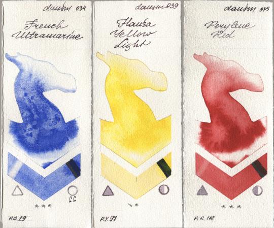 Daniel Smith 034 French Ultramarine, 039 Hansa Yellow Light, 075 Perylene R watercolor swatch