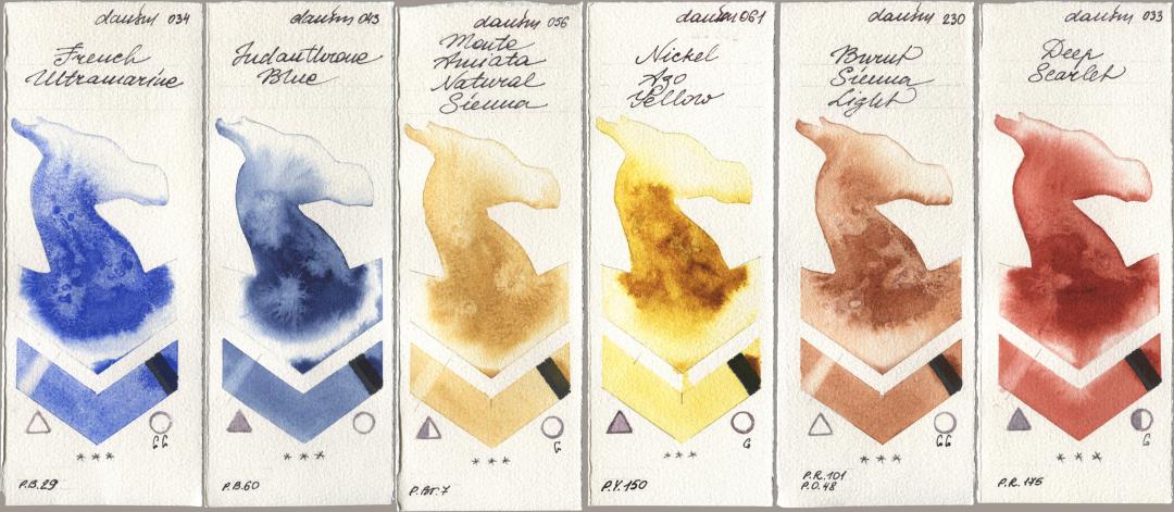 Daniel Smith 034 French Ultramarine, 043 Indanthrone Blue, 056 Monte Amiata Natural Sienna, 061 Nickel Azo Yellow, 230 Burnt Sienna Light, 033 Deep Scarl watercolor swatch