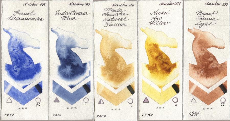 Daniel Smith 034 French Ultramarine, 043 Indanthrone Blue, 056 Monte Amiata Natural Sienna, 061 Nickel Azo Yellow, 230 Burnt Sienna Lig watercolor swatch
