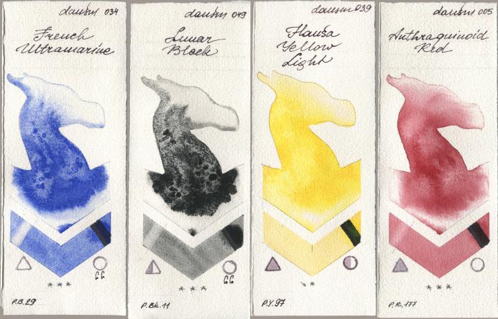 Daniel Smith 034 French Ultramarine, 049 Lunar Black, 039 Hansa Yellow Light, 005 Anthraquinoid R watercolor swatch
