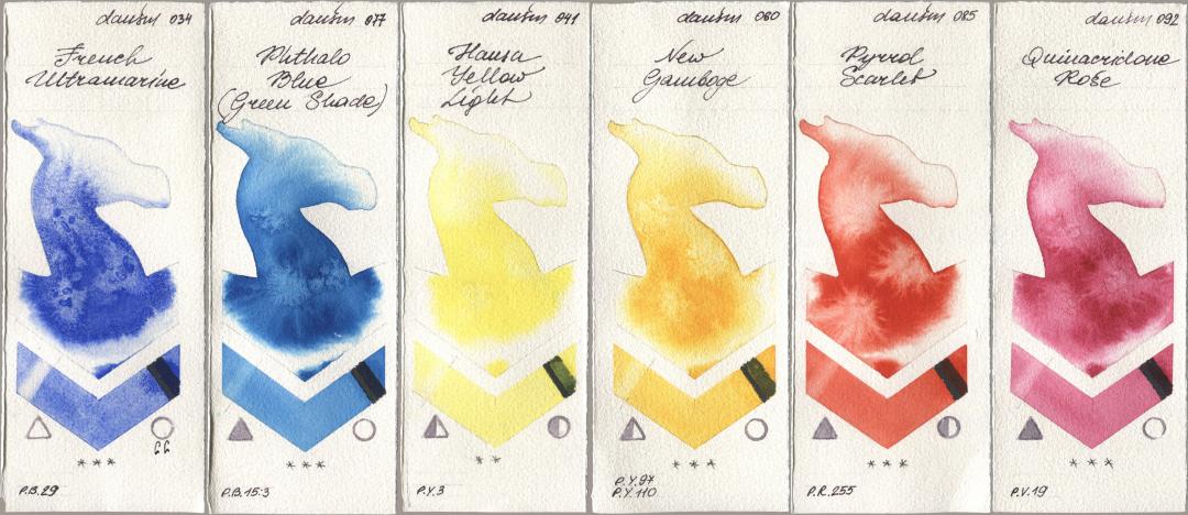 Daniel Smith 034 French Ultramarine, 077 Phthalo Blue (Green Shade), 041 Hansa Yellow Light, 060 New Gamboge, 085 Pyrrol Scarlet, 092 Quinacridone Ro watercolor swatch