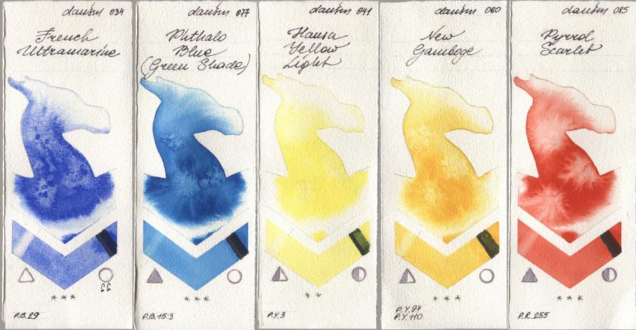 Daniel Smith 034 French Ultramarine, 077 Phthalo Blue (Green Shade), 041 Hansa Yellow Light, 060 New Gamboge, 085 Pyrrol Scarl watercolor swatch