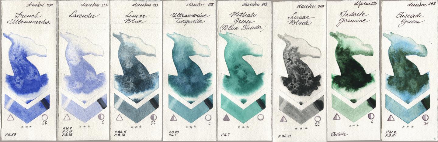 Daniel Smith 034 French Ultramarine, 232 Lavender, 183 Lunar Blue, 105 Ultramarine Turquoise, 078 Phthalo Green (Blue Shade), 049 Lunar Black, 195 Jadeite Genuine, 142 Cascade Gre watercolor swatch