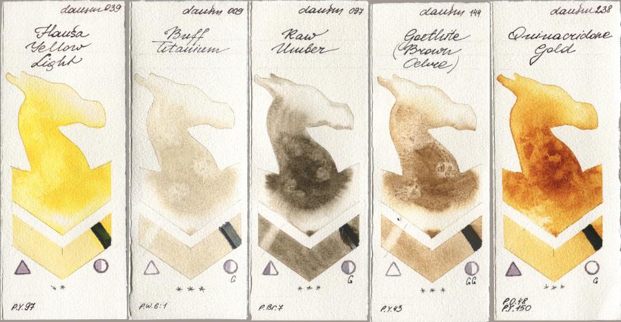 Daniel Smith 039 Hansa Yellow Light, 009 Buff Titanium, 097 Raw Umber, 144 Goethite (Brown Ochre), 238 Quinacridone Go watercolor swatch