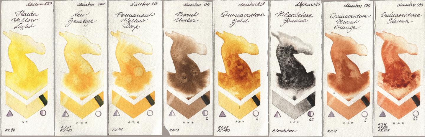 Daniel Smith 039 Hansa Yellow Light, 060 New Gamboge, 133 Permanent Yellow Deep, 011 Burnt Umber, 238 Quinacridone Gold, 193 Bloodstone Genuine, 086 Quinacridone Burnt Orange, 093 Quinacridone Sien watercolor swatch