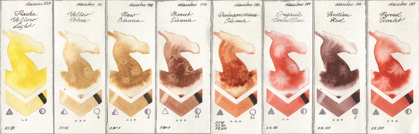 Daniel Smith 039 Hansa Yellow Light, 114 Yellow Ochre, 096 Raw Sienna, 010 Burnt Sienna, 093 Quinacridone Sienna, 064 Organic Vermilion, 044 Indian Red, 085 Pyrrol Scarl watercolor swatch