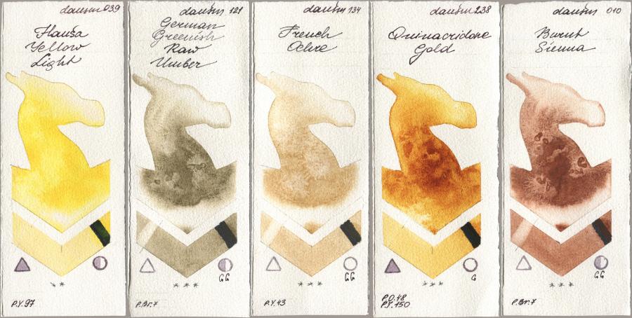 Daniel Smith 039 Hansa Yellow Light, 121 German Greenish Raw Umber, 134 French Ochre, 238 Quinacridone Gold, 010 Burnt Sien watercolor swatch