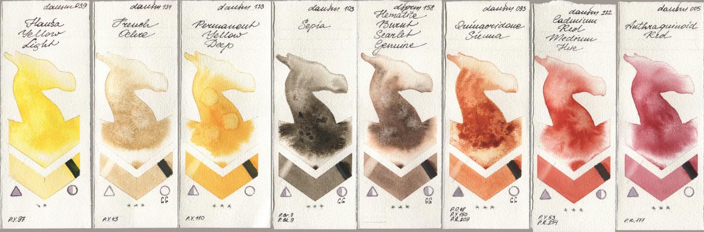 Daniel Smith 039 Hansa Yellow Light, 134 French Ochre, 133 Permanent Yellow Deep, 103 Sepia, 158 Hematite Burnt Scarlet Genuine, 093 Quinacridone Sienna, 222 Cadmium Red Medium Hue, 005 Anthraquinoid R watercolor swatch