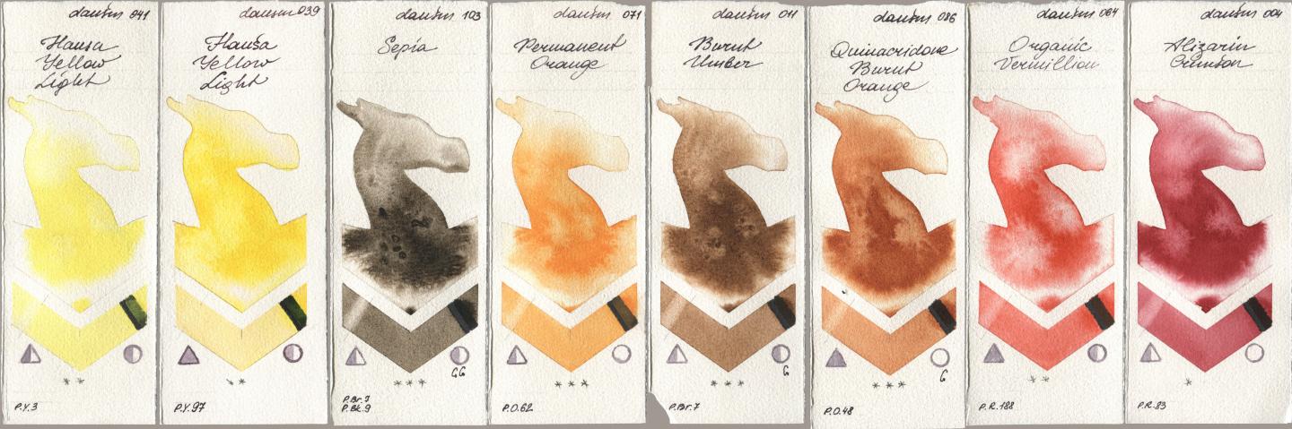 Daniel Smith 041 Hansa Yellow Light, 039 Hansa Yellow Light, 103 Sepia, 071 Permanent Orange, 011 Burnt Umber, 086 Quinacridone Burnt Orange, 064 Organic Vermilion, 004 Alizarin Crims watercolor swatch