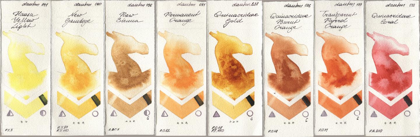 Daniel Smith 041 Hansa Yellow Light, 060 New Gamboge, 096 Raw Sienna, 071 Permanent Orange, 238 Quinacridone Gold, 086 Quinacridone Burnt Orange, 187 Transparent Pyrrol Orange, 088 Quinacridone Cor watercolor swatch