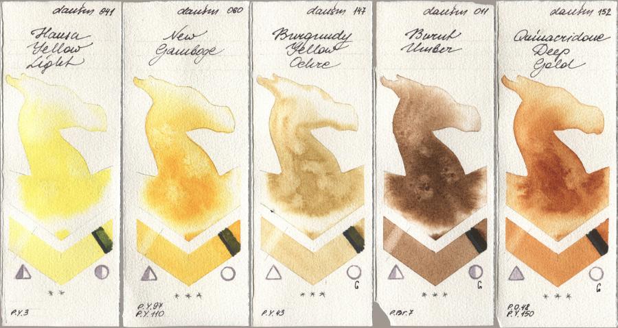 Daniel Smith 041 Hansa Yellow Light, 060 New Gamboge, 147 Burgundy Yellow Ochre, 011 Burnt Umber, 152 Quinacridone Deep Go watercolor swatch