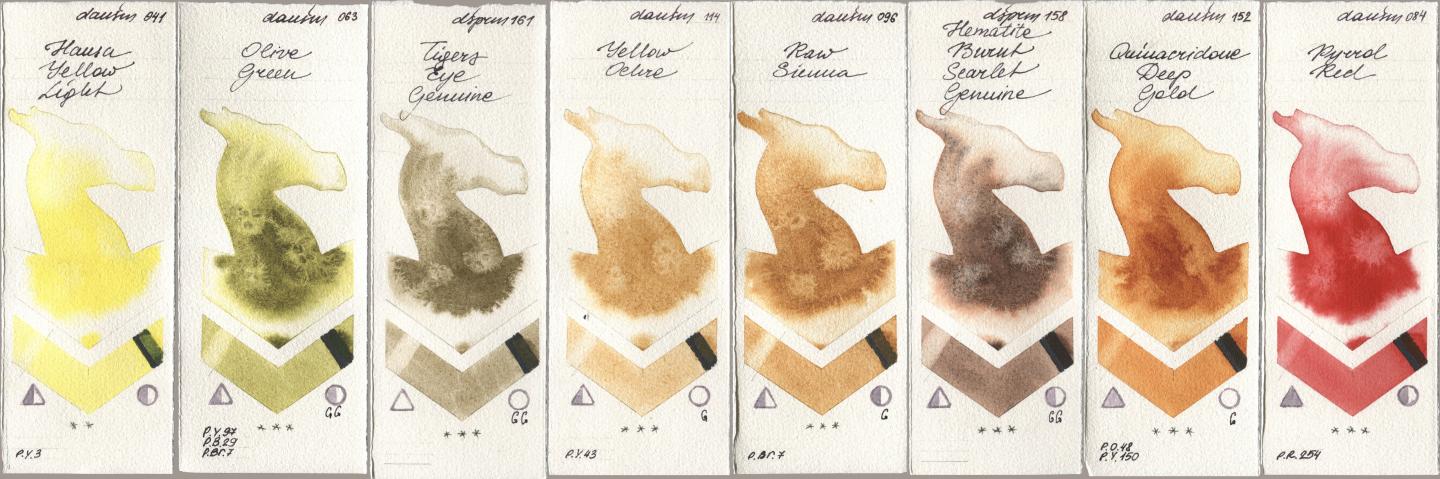 Daniel Smith 041 Hansa Yellow Light, 063 Olive Green, 161 Tigers Eye Genuine, 114 Yellow Ochre, 096 Raw Sienna, 158 Hematite Burnt Scarlet Genuine, 152 Quinacridone Deep Gold, 084 Pyrrol R watercolor swatch