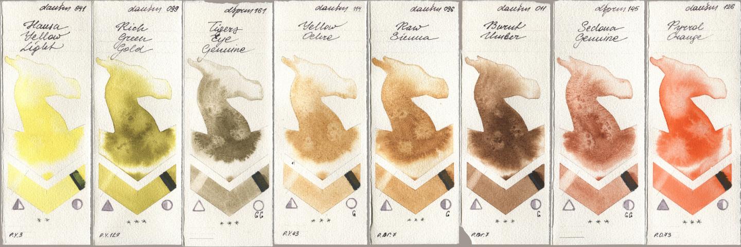 Daniel Smith 041 Hansa Yellow Light, 099 Rich Green Gold, 161 Tigers Eye Genuine, 114 Yellow Ochre, 096 Raw Sienna, 011 Burnt Umber, 145 Sedona Genuine, 126 Pyrrol Oran watercolor swatch