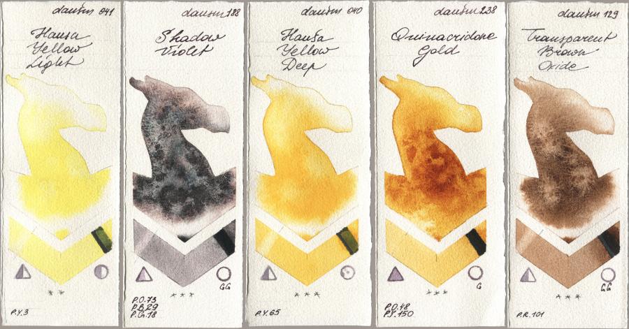 Daniel Smith 041 Hansa Yellow Light, 188 Shadow Violet, 040 Hansa Yellow Deep, 238 Quinacridone Gold, 129 Transparent Brown Oxi watercolor swatch