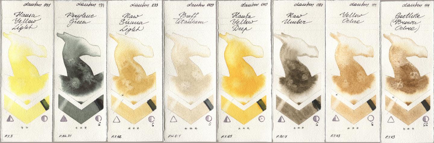 Daniel Smith 041 Hansa Yellow Light, 194 Perylene Green, 233 Raw Sienna Light, 009 Buff Titanium, 040 Hansa Yellow Deep, 097 Raw Umber, 114 Yellow Ochre, 144 Goethite (Brown Ochr watercolor swatch