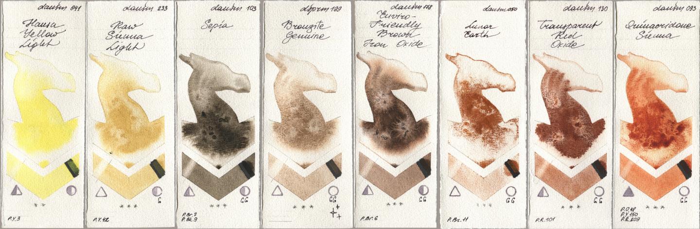 Daniel Smith 041 Hansa Yellow Light, 233 Raw Sienna Light, 103 Sepia, 199 Bronzite Genuine, 178 Enviro-Friendly Brown Iron Oxide, 050 Lunar Earth, 130 Transparent Red Oxide, 093 Quinacridone Sien watercolor swatch