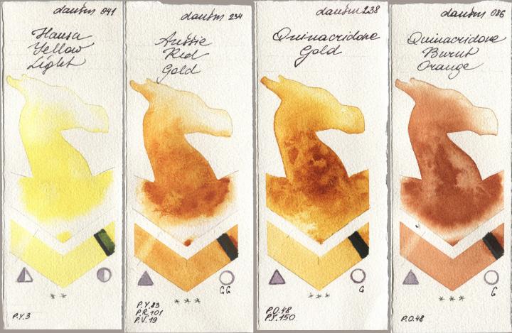 Daniel Smith 041 Hansa Yellow Light, 234 Aussie Red Gold, 238 Quinacridone Gold, 086 Quinacridone Burnt Oran watercolor swatch
