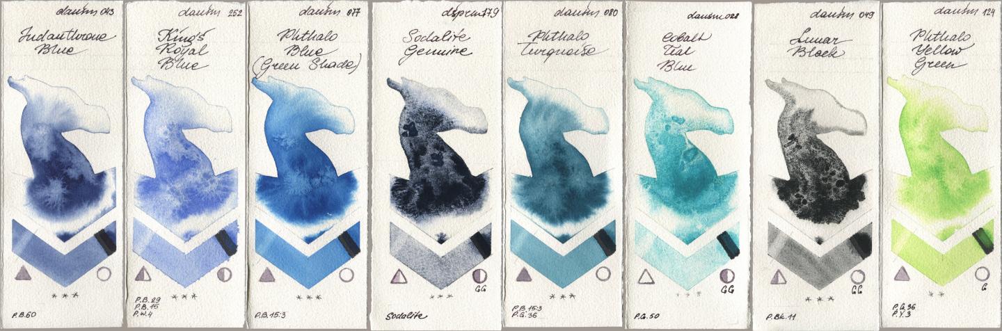 Daniel Smith 043 Indanthrone Blue, 252 King’s Royal Blue, 077 Phthalo Blue (Green Shade), 179 Sodalite Genuine, 080 Phthalo Turquoise, 028 Cobalt Teal Blue, 049 Lunar Black, 124 Phthalo Yellow Gre watercolor swatch