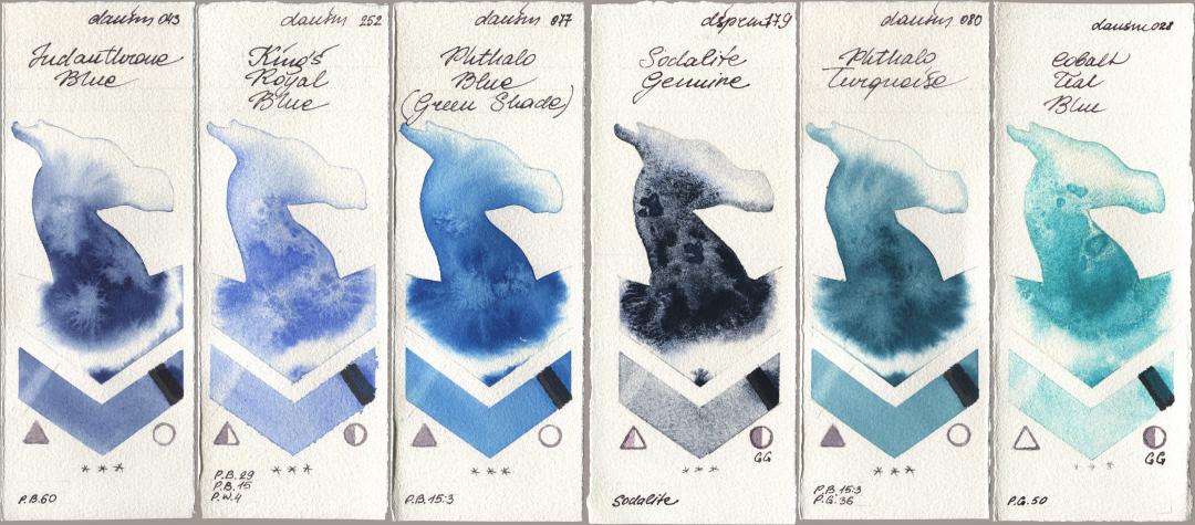 Daniel Smith 043 Indanthrone Blue, 252 King’s Royal Blue, 077 Phthalo Blue (Green Shade), 179 Sodalite Genuine, 080 Phthalo Turquoise, 028 Cobalt Teal Bl watercolor swatch