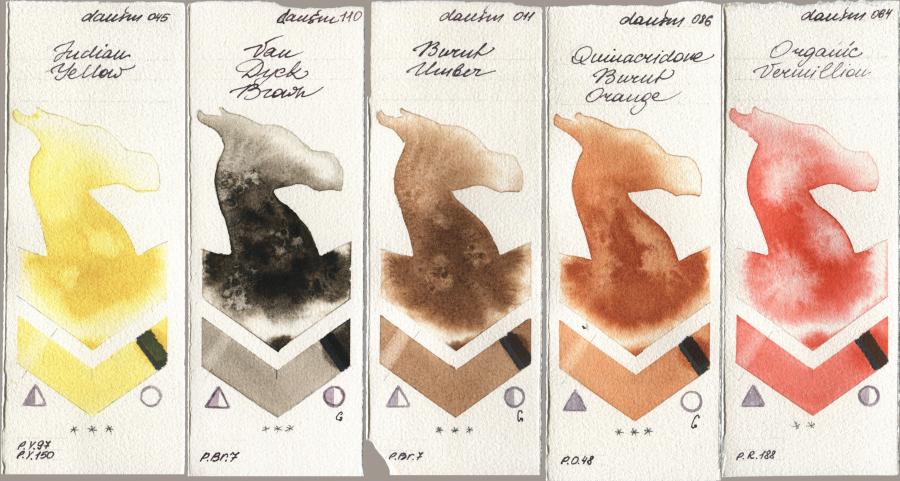 Daniel Smith 045 Indian Yellow, 110 Van Dyck Brown, 011 Burnt Umber, 086 Quinacridone Burnt Orange, 064 Organic Vermili watercolor swatch