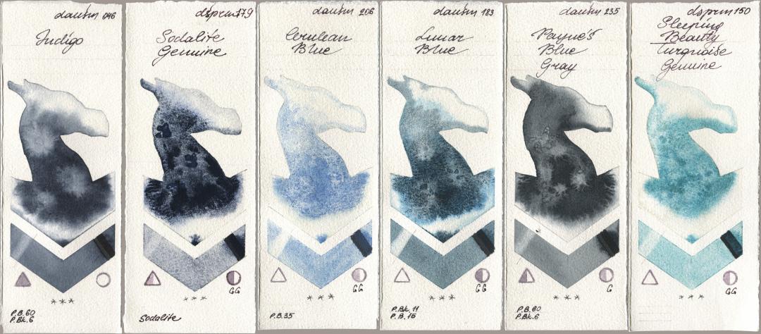 Daniel Smith 046 Indigo, 179 Sodalite Genuine, 206 Cerulean Blue, 183 Lunar Blue, 235 Paynes Blue Gray, 150 Sleeping Beauty Turquoise Genui watercolor swatch
