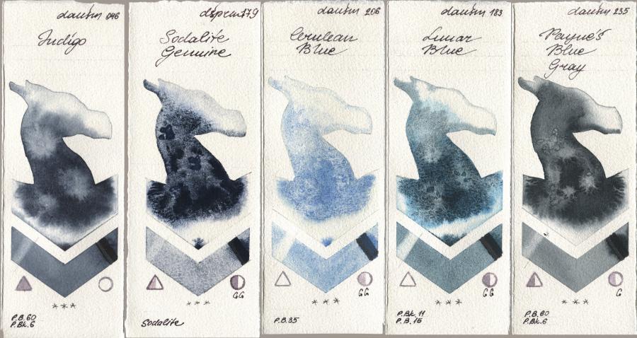 Daniel Smith 046 Indigo, 179 Sodalite Genuine, 206 Cerulean Blue, 183 Lunar Blue, 235 Paynes Blue Gr watercolor swatch