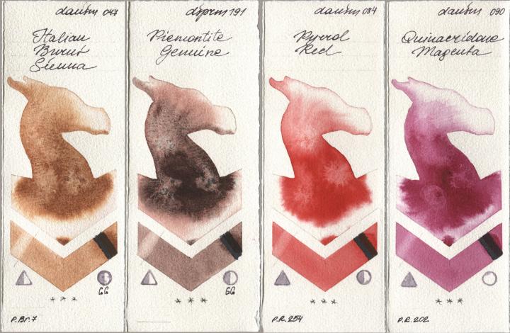 Daniel Smith 047 Italian Burnt Sienna, 191 Piemontite Genuine, 084 Pyrrol Red, 090 Quinacridone Magen watercolor swatch