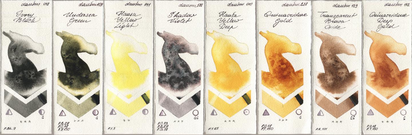 Daniel Smith 048 Ivory Black, 109 Undersea Green, 041 Hansa Yellow Light, 188 Shadow Violet, 040 Hansa Yellow Deep, 238 Quinacridone Gold, 129 Transparent Brown Oxide, 152 Quinacridone Deep Go watercolor swatch