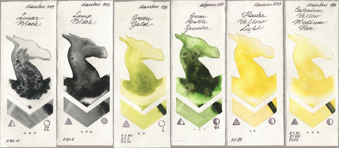 Daniel Smith 049 Lunar Black, 003 Lamp Black, 139 Green Gold, 197 Green Apatite Genuine, 039 Hansa Yellow Light, 184 Cadmium Yellow Medium H watercolor swatch