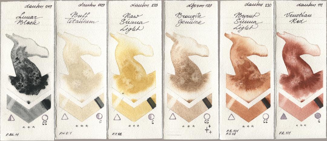 Daniel Smith 049 Lunar Black, 009 Buff Titanium, 233 Raw Sienna Light, 199 Bronzite Genuine, 230 Burnt Sienna Light, 111 Venetian R watercolor swatch