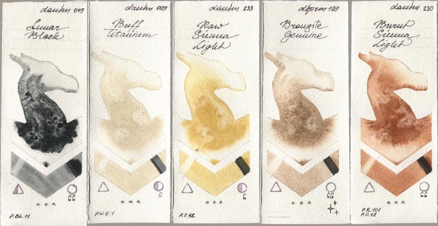 Daniel Smith 049 Lunar Black, 009 Buff Titanium, 233 Raw Sienna Light, 199 Bronzite Genuine, 230 Burnt Sienna Lig watercolor swatch
